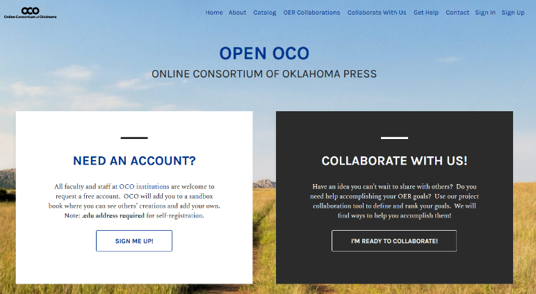 The OPEN OCO homepage allows users to sign up for an account or explore collaboration opportunities.